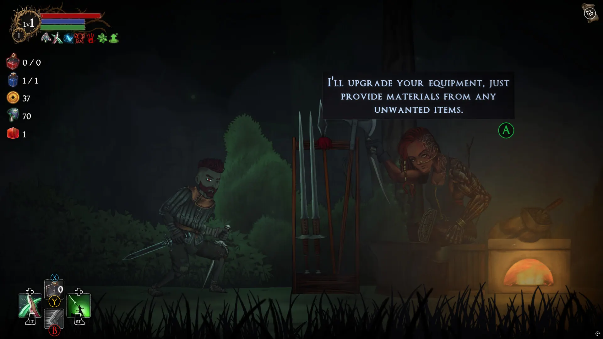 The Rogue Blight blacksmith offering to upgrade equipment using materials salvaged from unwanted items