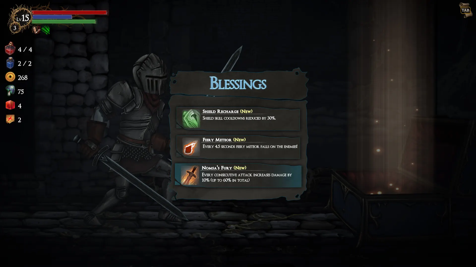 Rogue Blight blessing selection screen showing Shield Recharge, Fiery Meteor and Nomsa's Fury as three new blessing choices