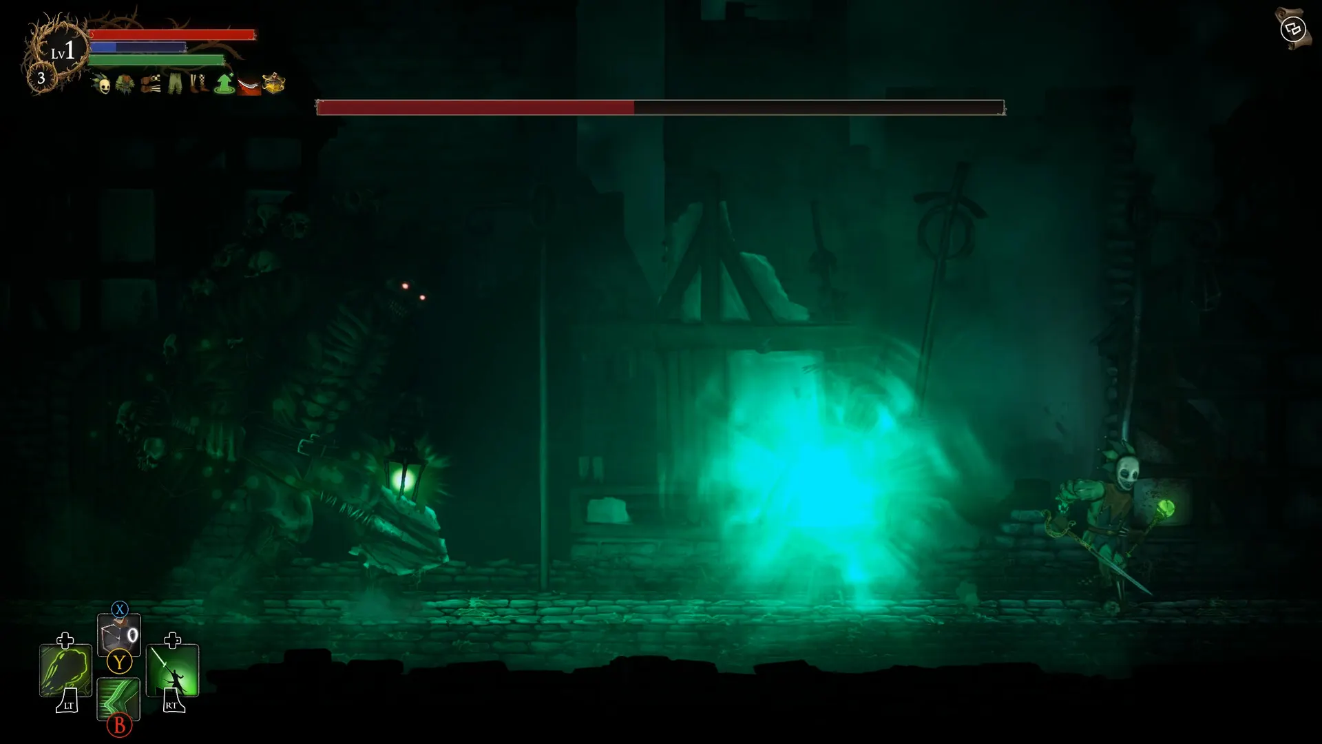 A green blight explosion tearing through a ruined street as the player fights a lantern-carrying enemy