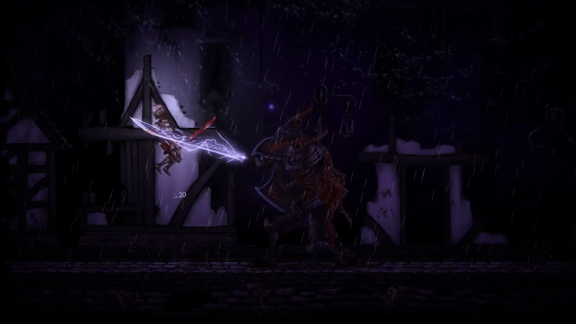 A knight mid-air driving a glowing greatsword slash into an armored enemy in the rain