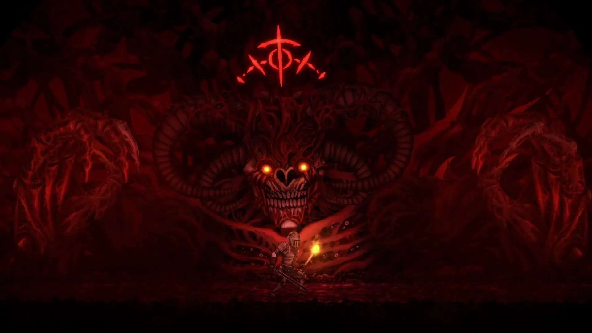 A horned demon boss looming over a knight in a blood-red hall