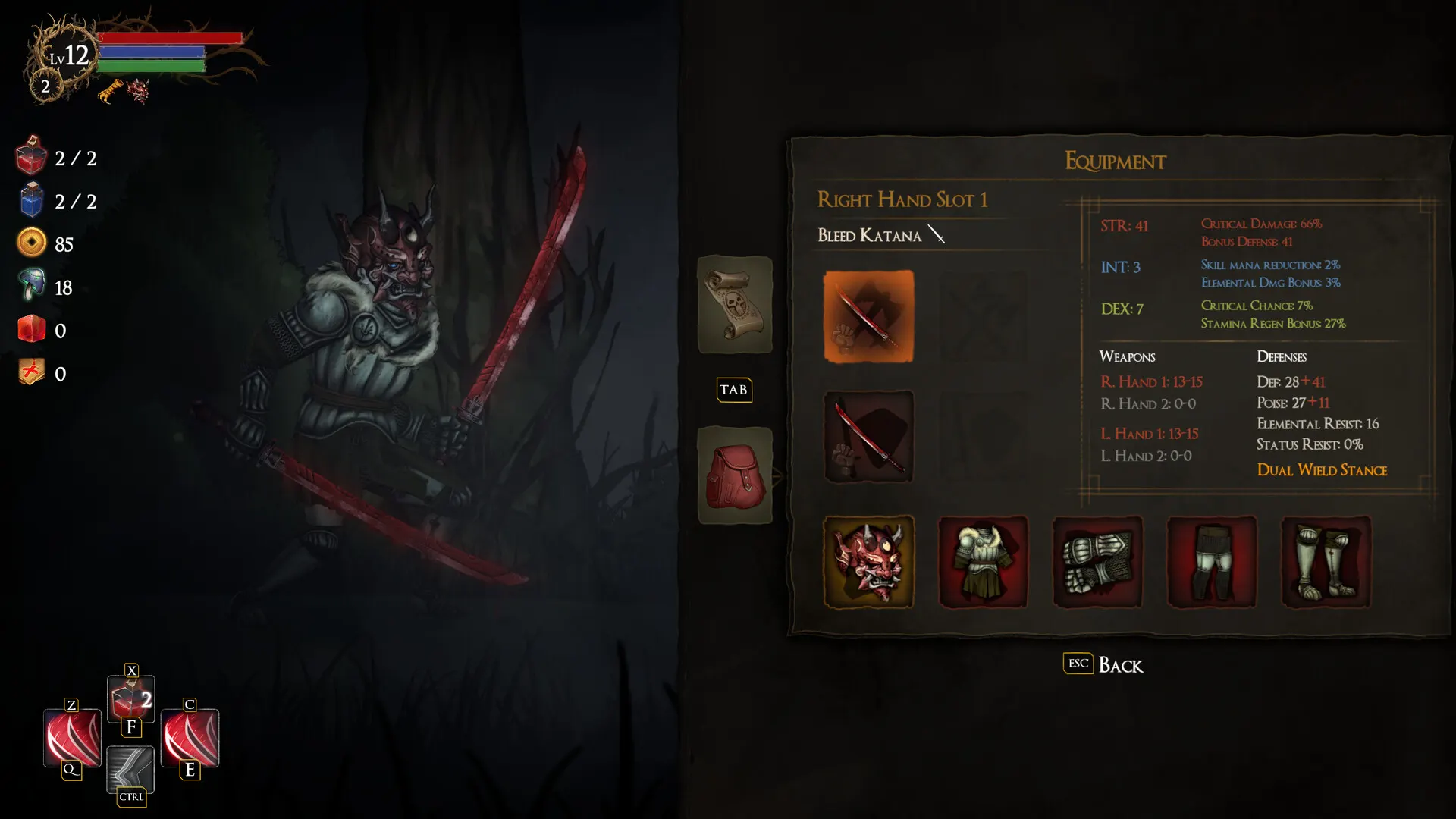 Rogue Blight equipment screen showing a Dual Wield Stance with a Bleed Katana equipped and two hand slots filled