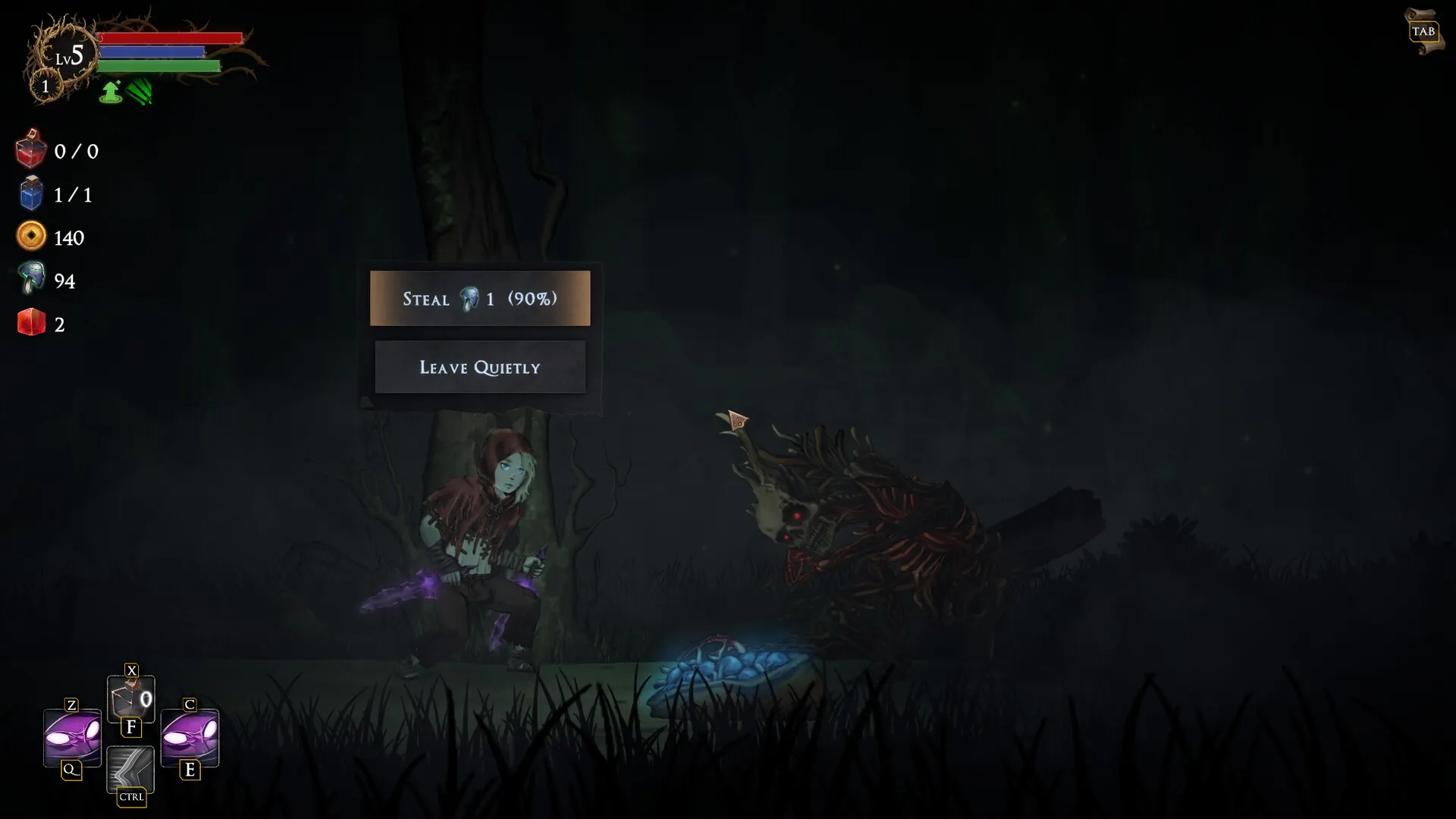 A Rogue Blight random event screen showing the choice to steal one fungi at 90% success or leave quietly