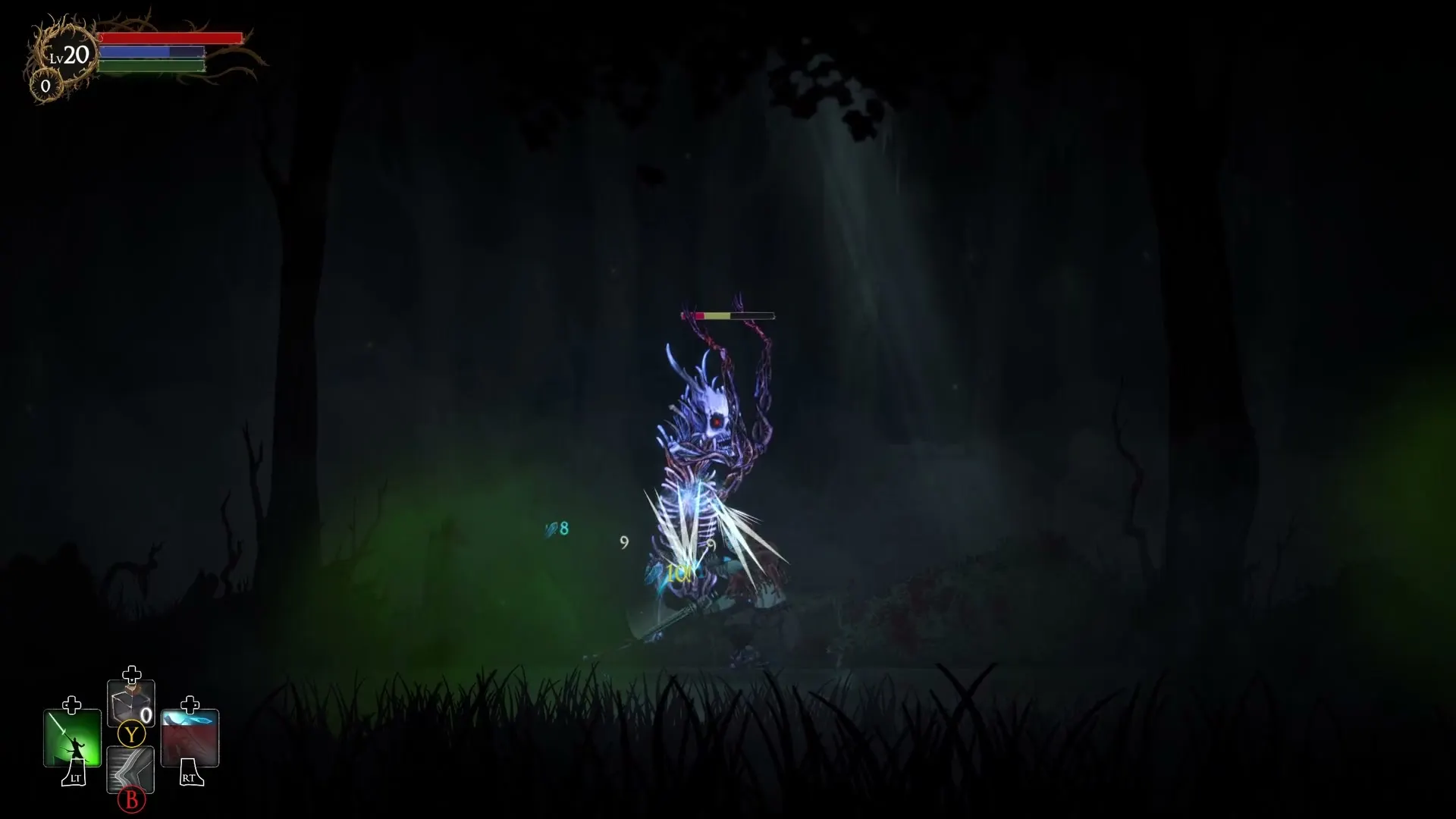 Rapid strikes with white slash trails and damage numbers bursting off a skeletal enemy