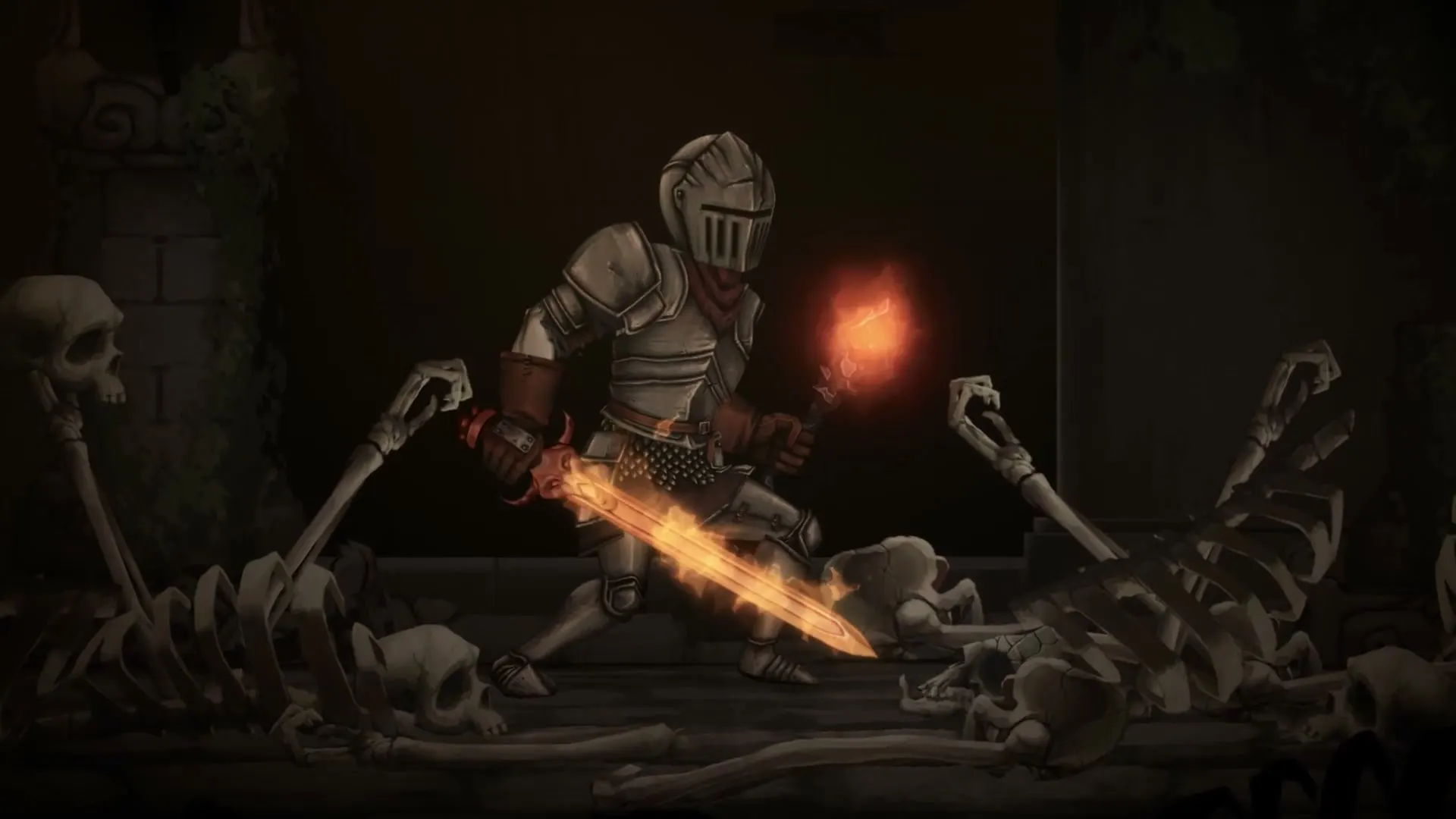 A knight in full plate holding a burning flame sword among scattered skeletons