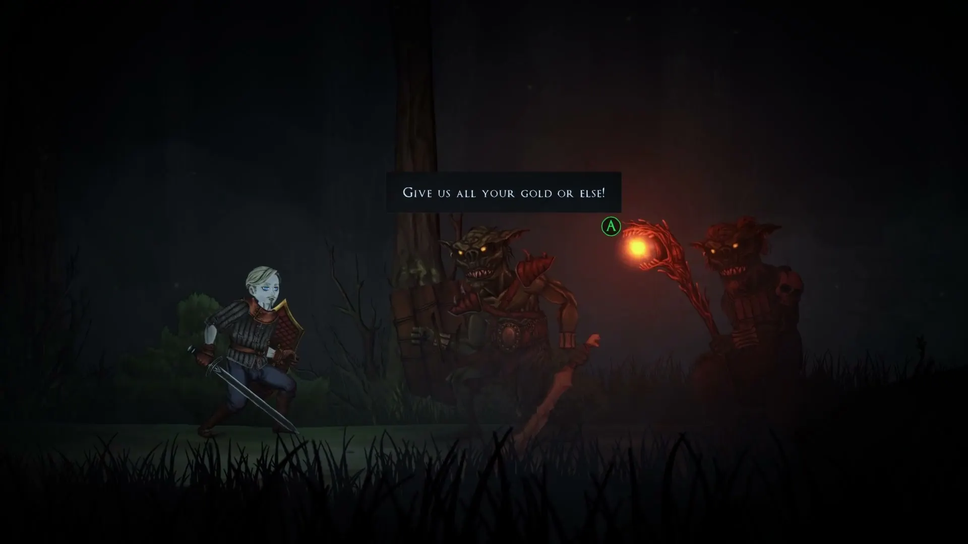 A goblin ambush event demanding the player's gold: give it up or fight