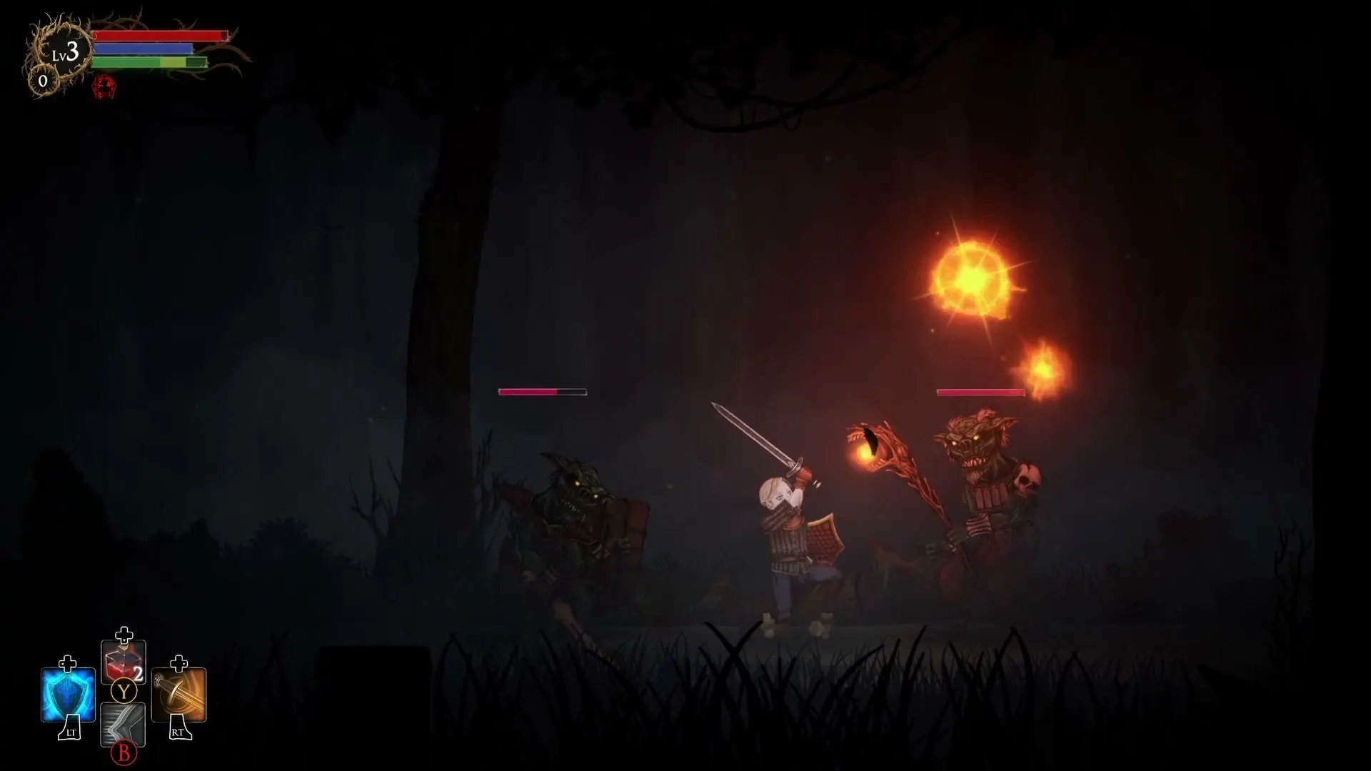 A sword-and-shield fighter blocking goblin shamans hurling fireballs in a dark forest