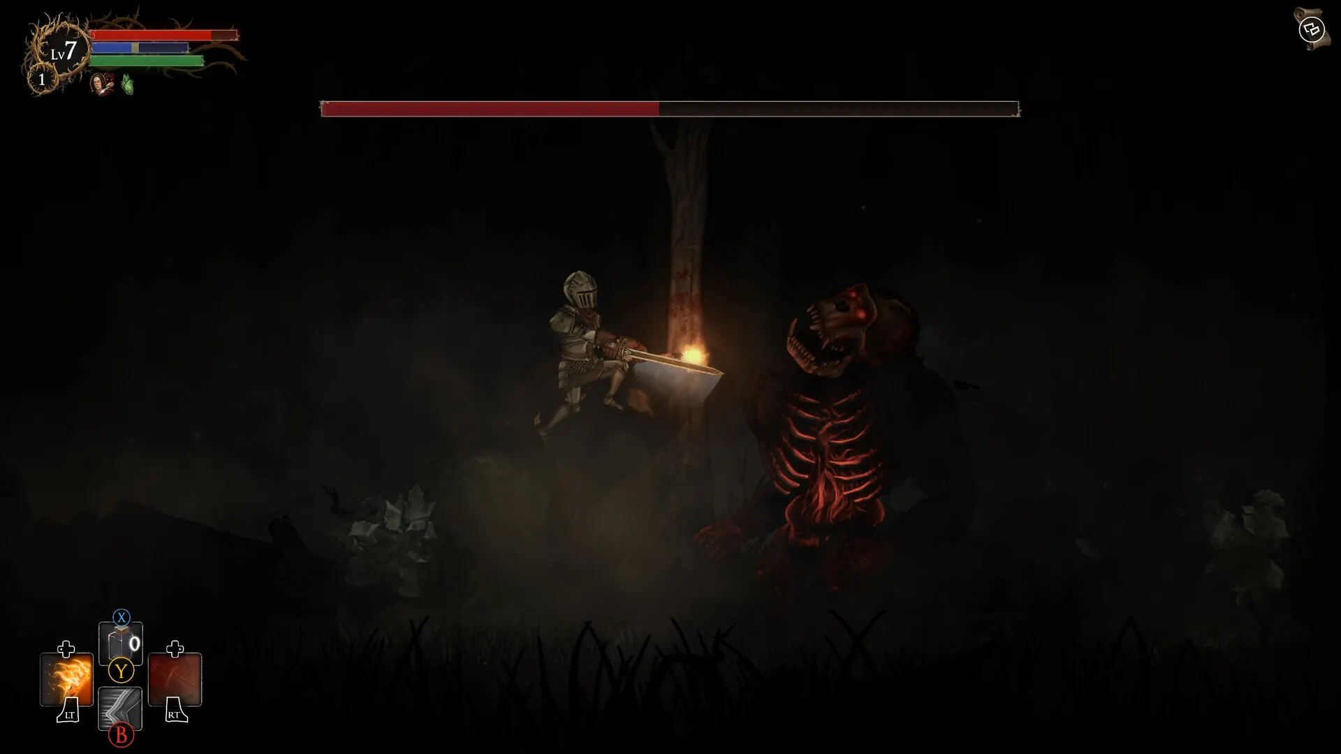 A knight mid-air attacking the Gorilla boss with a torch-equipped build in a dark forest