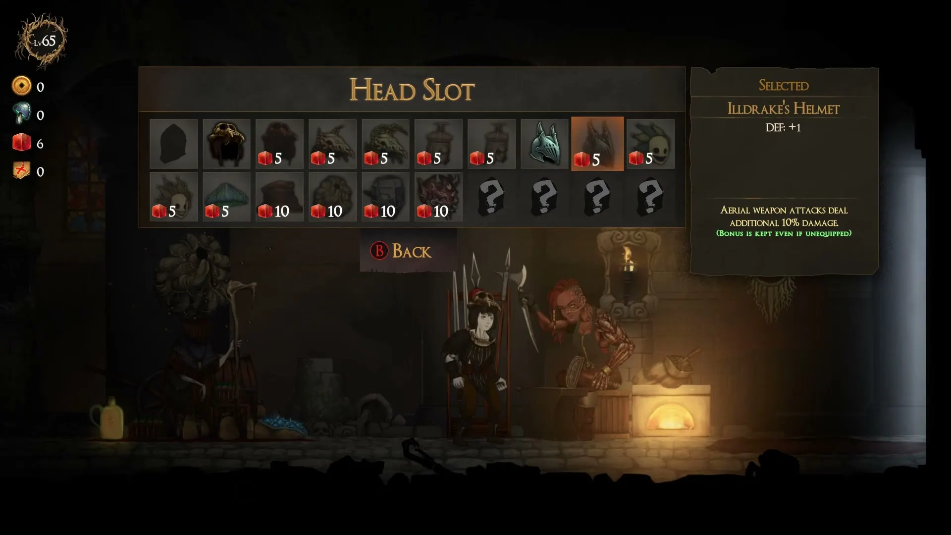 The head-slot shop panel showing helmets for sale and the Ilidrake's Helmet legendary perk