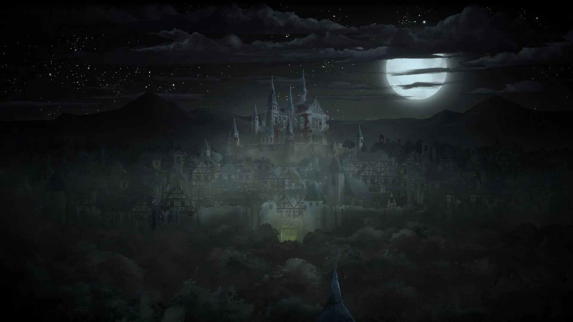 The blighted city of Rogue Blight under a full moon, its castle rising over the rooftops