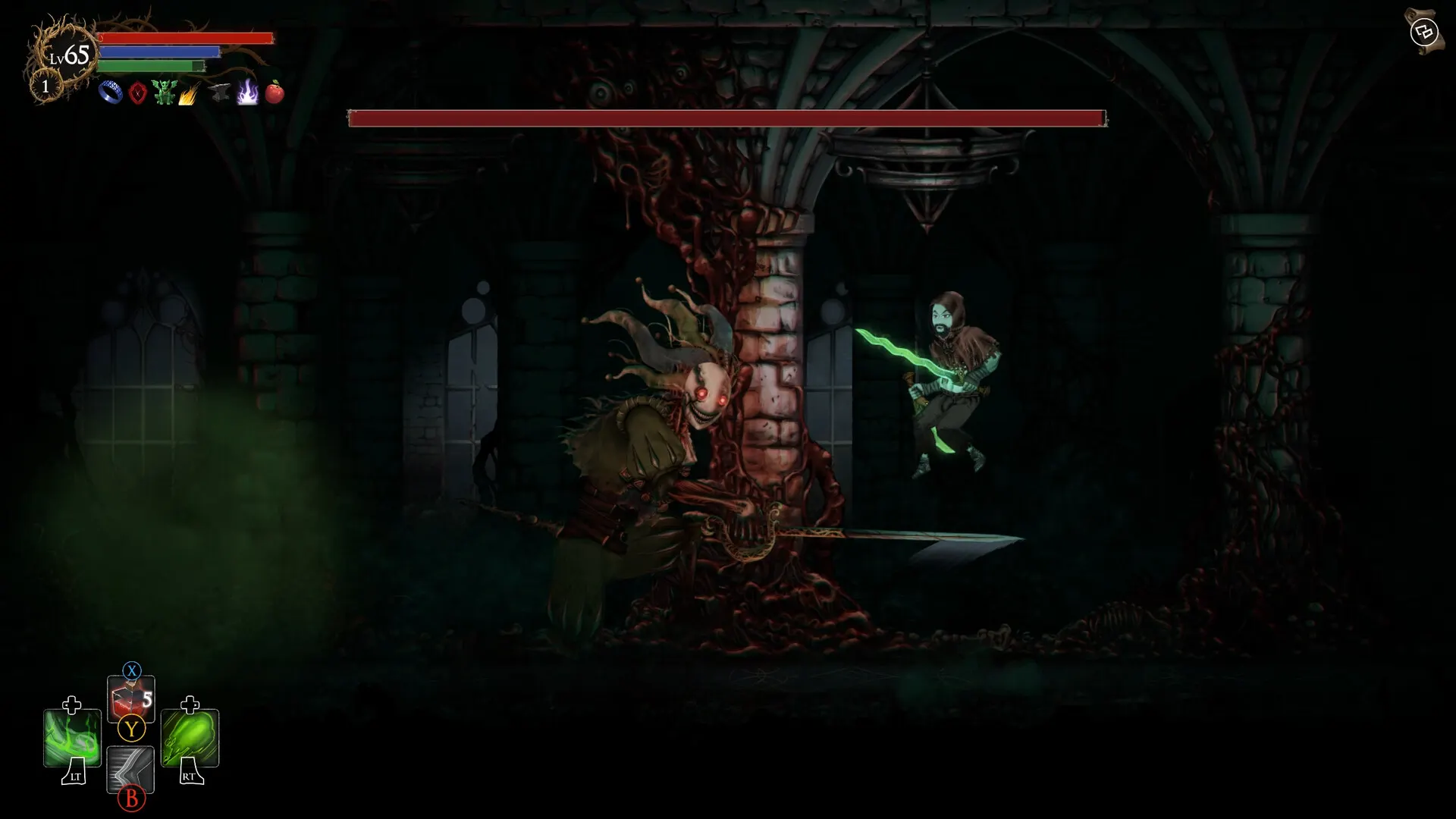 The Jester mid-boss grinning with a blade in a root-choked chamber while the player attacks mid-air with a glowing green sword