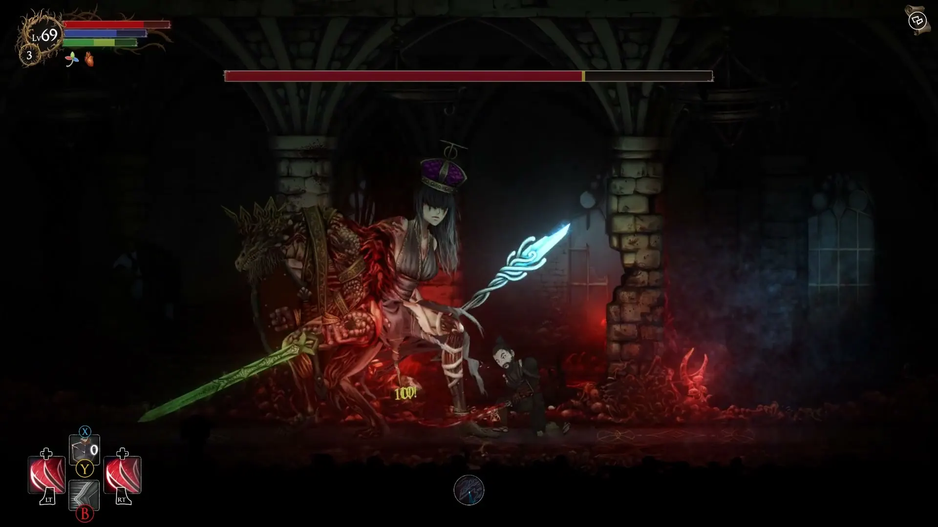 The mushroom-crowned Lady Blight wielding a glowing blue sword in her throne hall