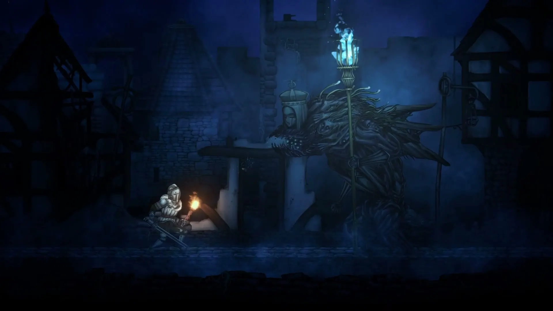 A blue-white magic burst erupting in front of a spellcaster facing a huge root creature
