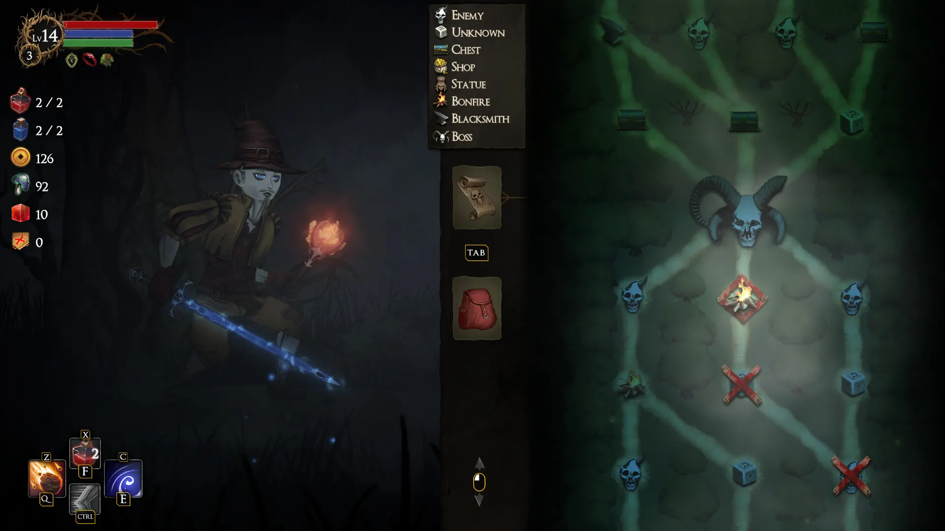 Rogue Blight equipment panel and the branching node map, showing the node legend: Enemy, Unknown, Chest, Shop, Statue, Bonfire, Blacksmith and Boss