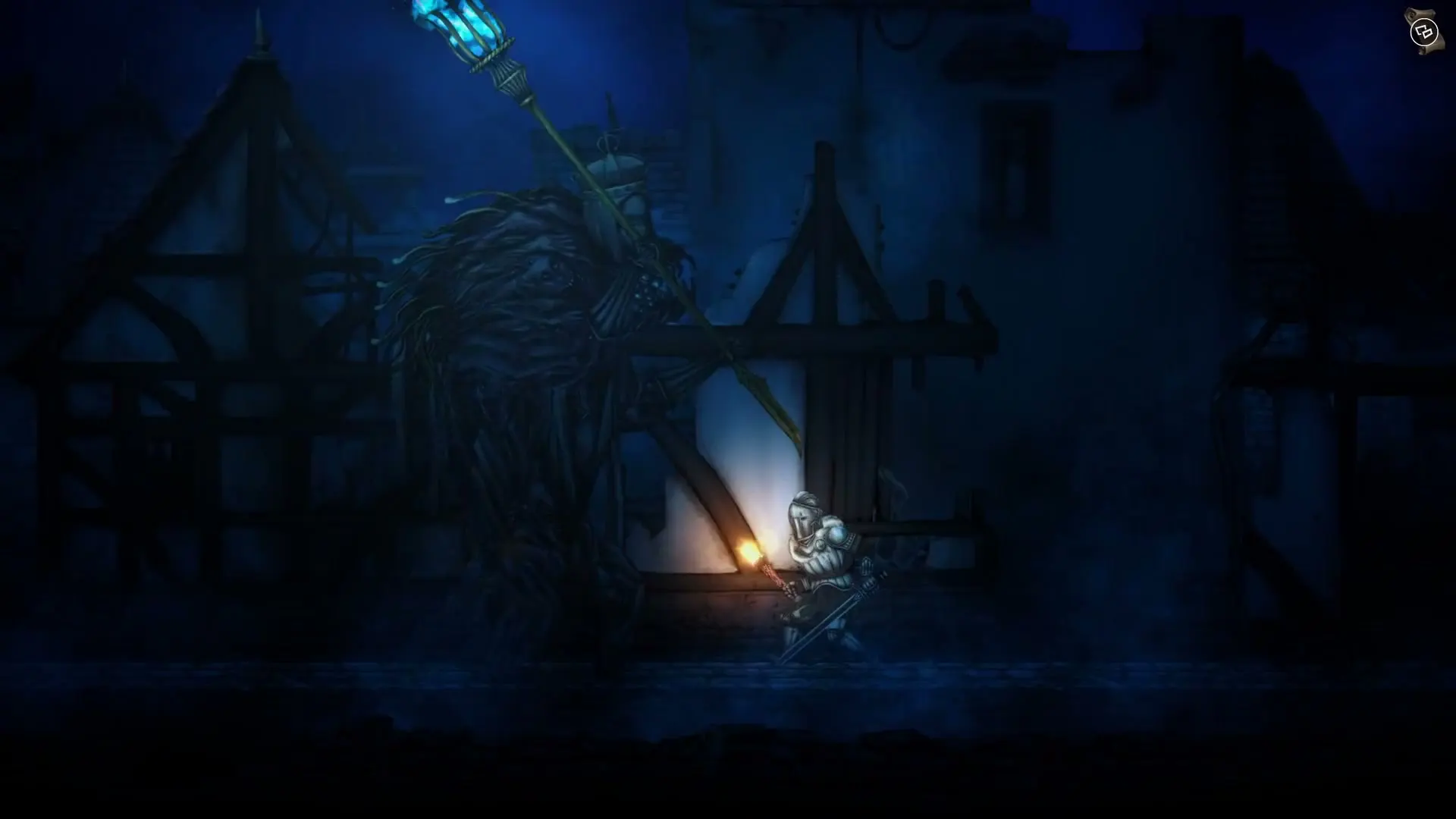 A towering root-covered creature with a blue lantern facing a torch-lit knight in a ruined town