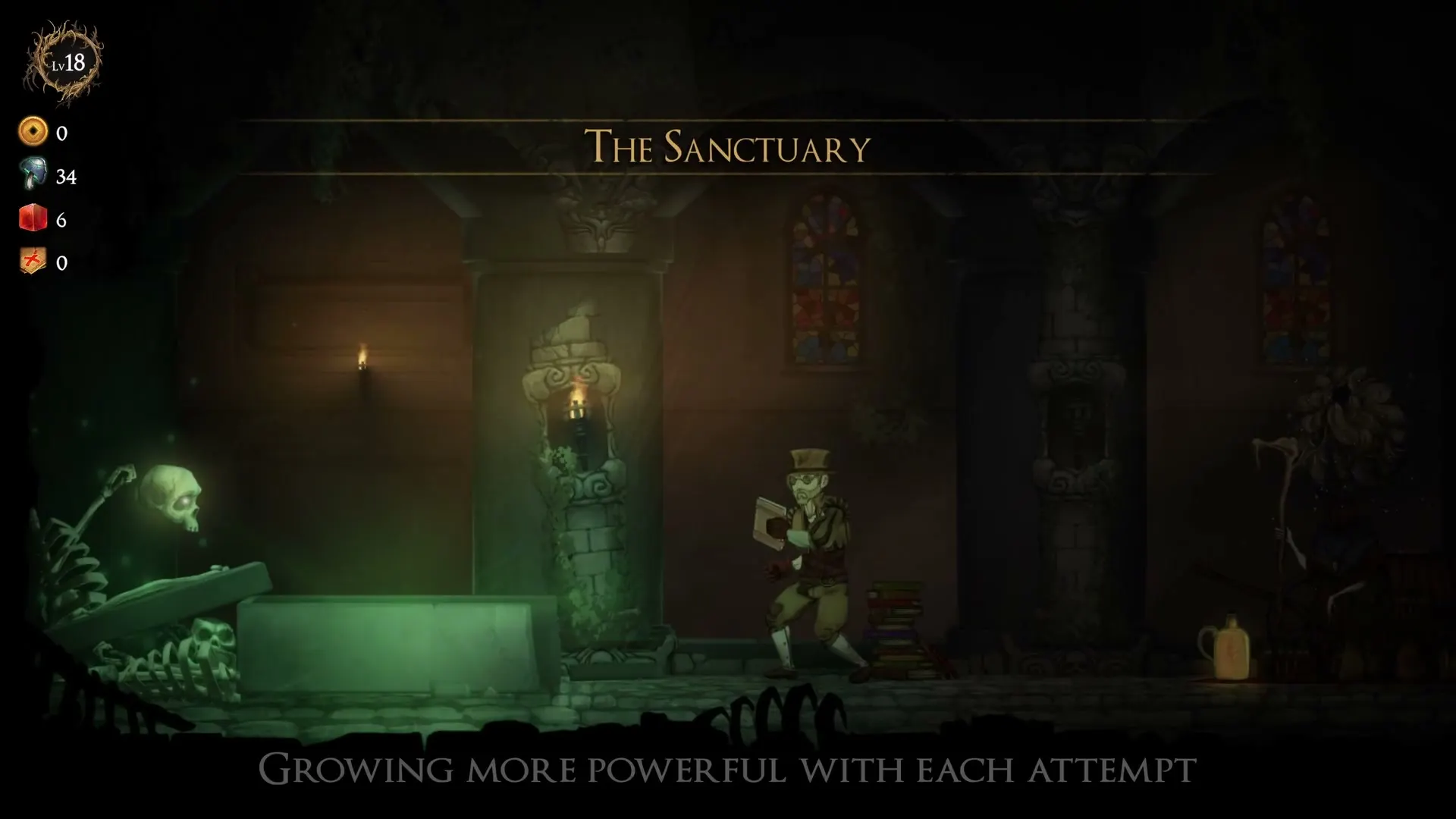 The Sanctuary hub, where permanent upgrades are bought between runs