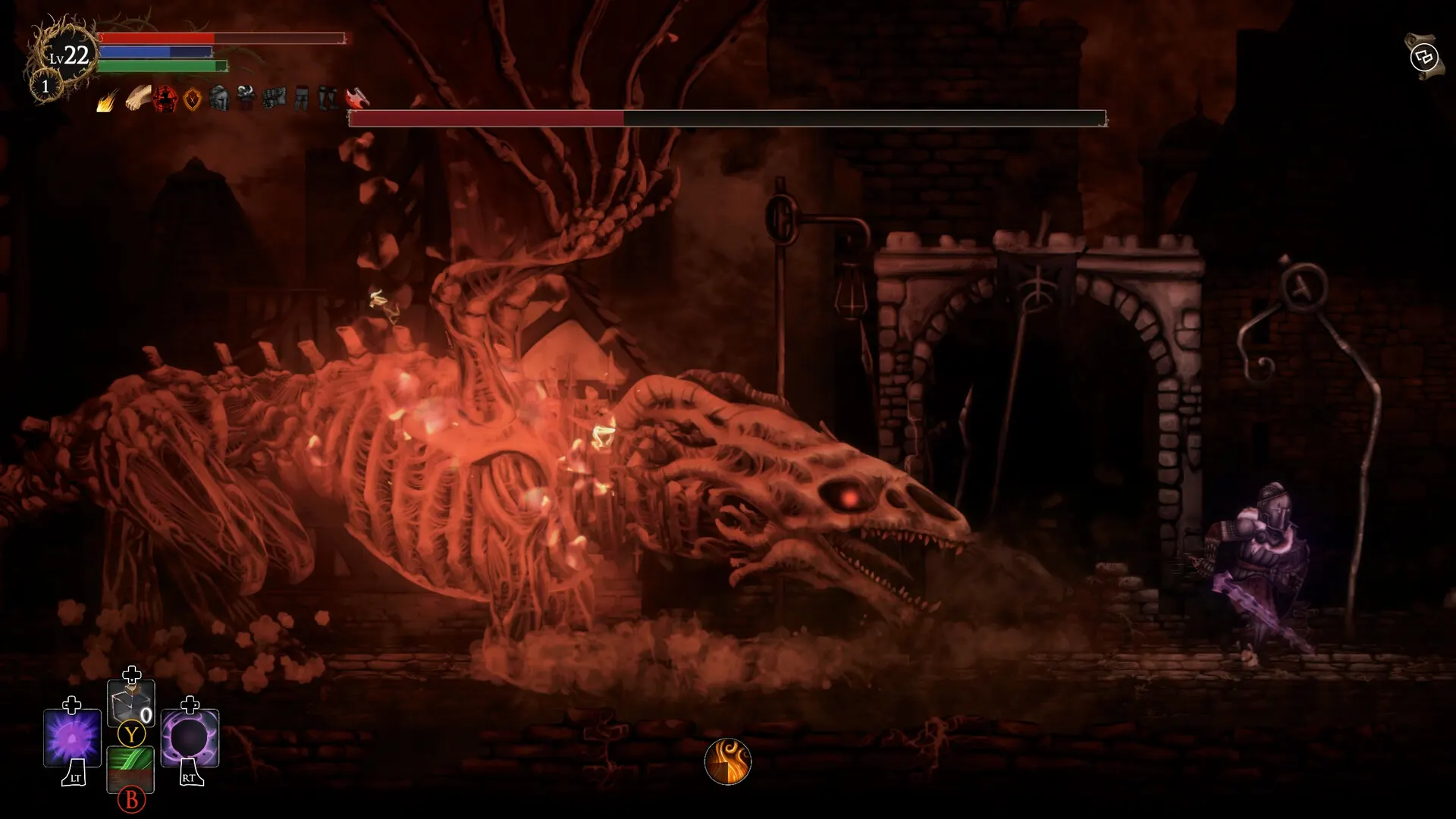 The Wendigo boss, a giant skeletal antlered beast, mid-fight in a ruined stone arena while the player circles with a sword